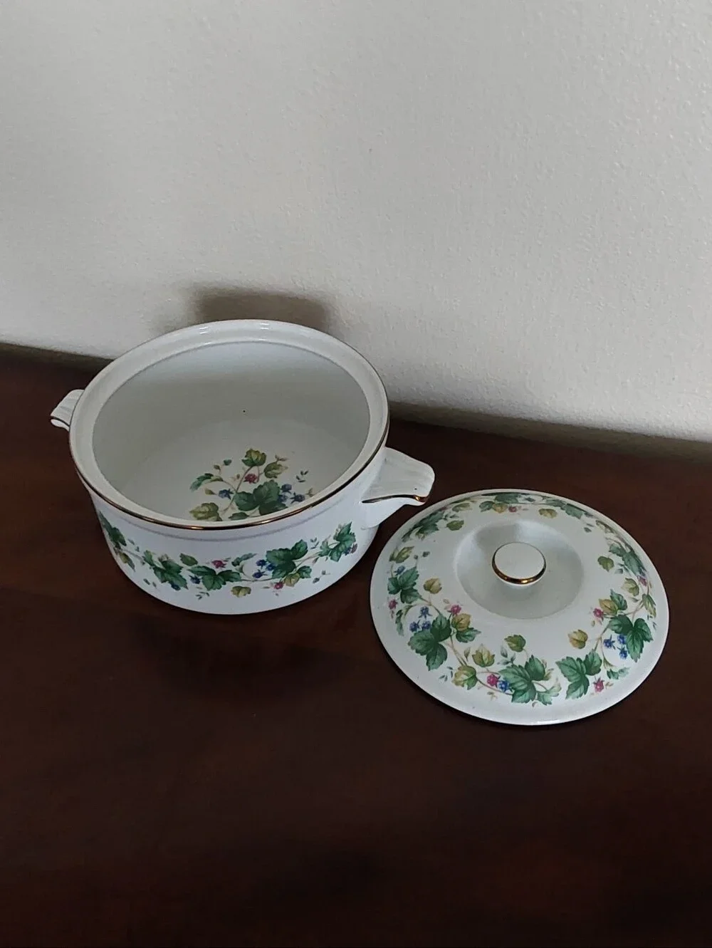 Porcelain Covered Casserole Dish with Green Floral Pattern